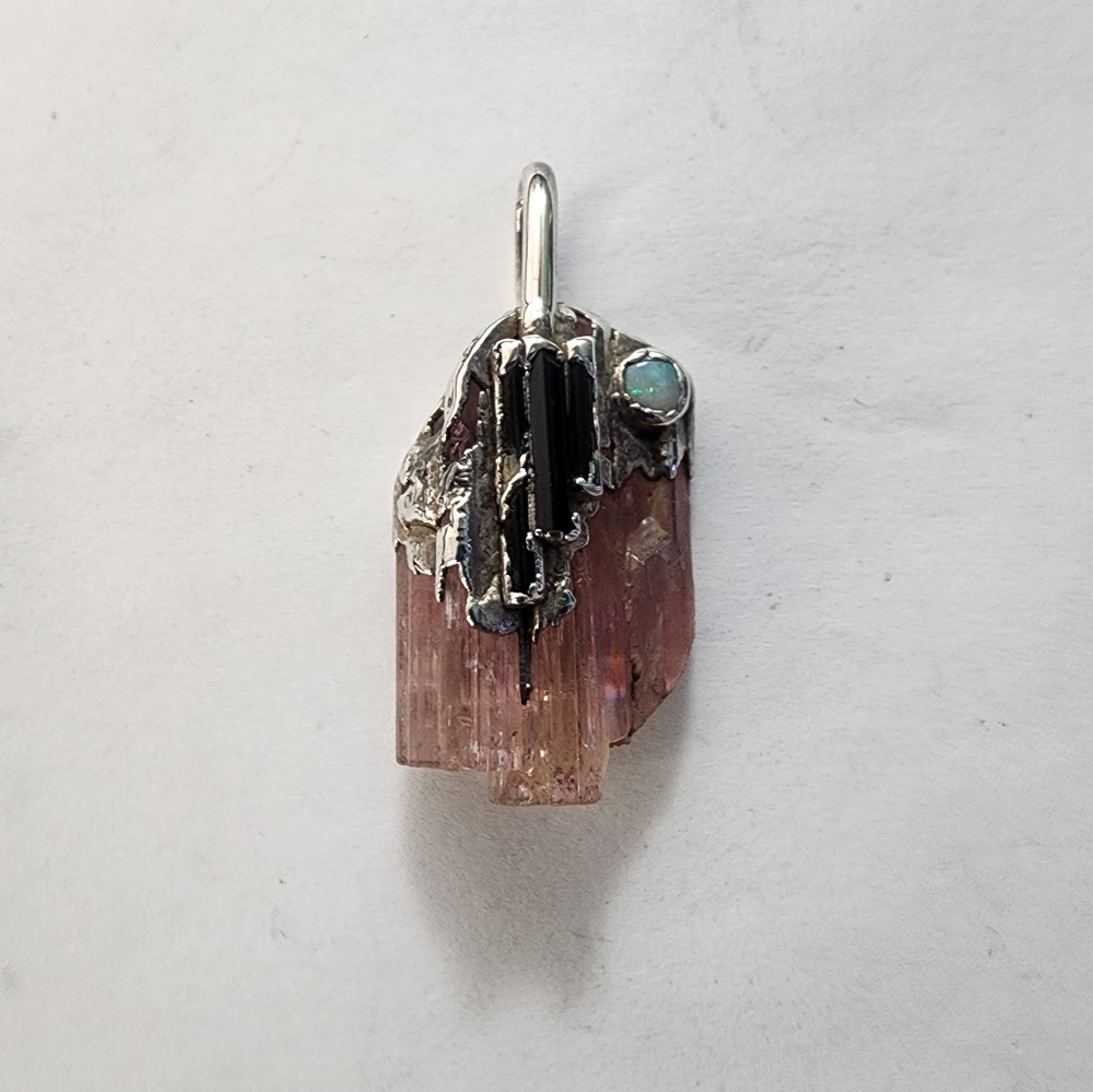 Handcrafted Pink Tourmaline, Black Tourmaline, Opal, and Sterling Silver Pendant